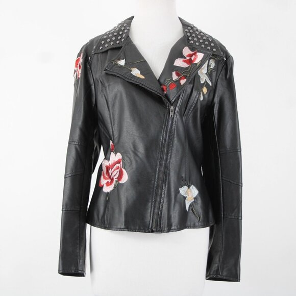 V Christina Sz L Black Silver Studded Floral Pockets Polyurethane AS IS Jacket - Picture 16 of 16